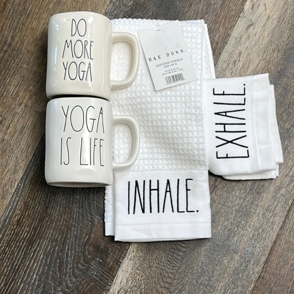 Rae Dunn - ‘Yoga’ mug/dish towels bundle. NWT